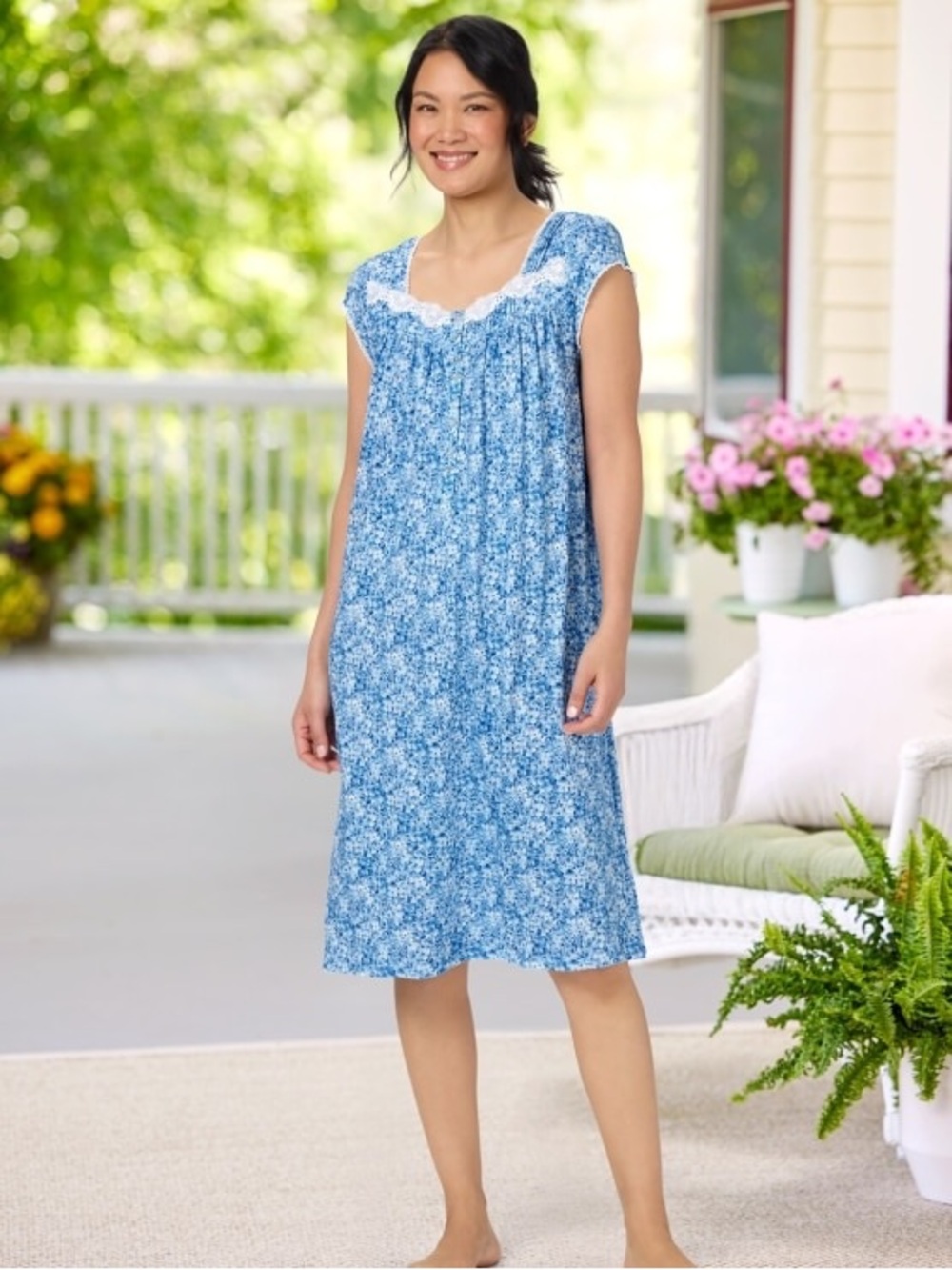 Eileen West Blue Blossom Cotton & Modal Short Sleeve Nightgown 2X